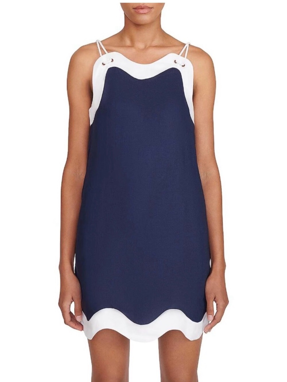 STAUD Renata Navy and White Scallop-Trim Mini Dress